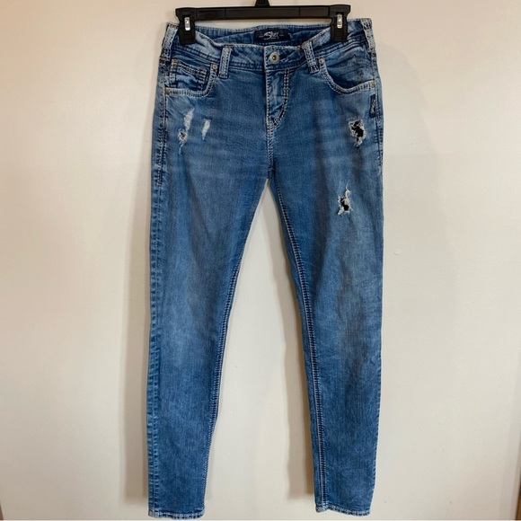 Silver Jeans Womens Girlfriend Skinny Medium Wash Distressed Denim Jeans 28 X 29 - Picture 1 of 6